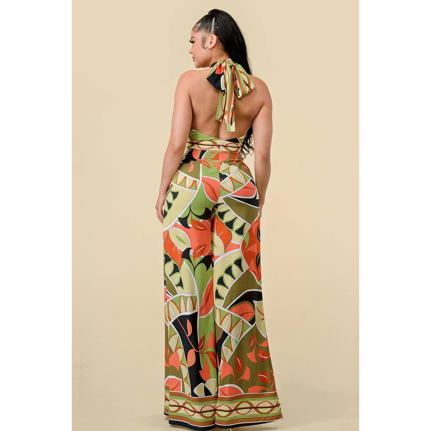 Cross-Halter Border Print Jumpsuit