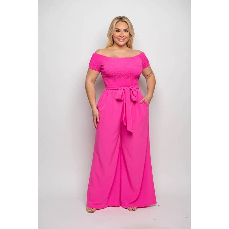 PLUS SIZE SMOCKED OFF SHOULDER WIDE LEG JUMPSUIT