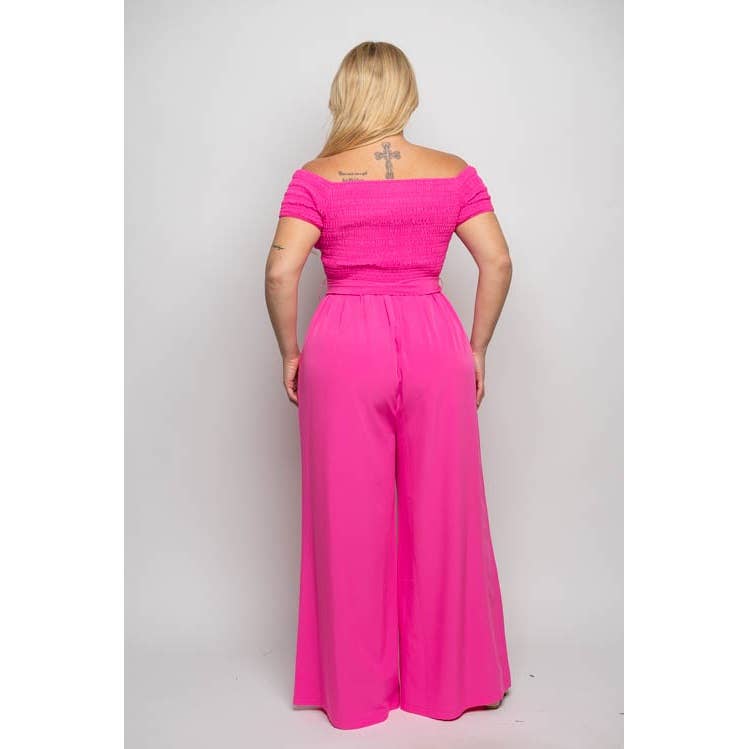 PLUS SIZE SMOCKED OFF SHOULDER WIDE LEG JUMPSUIT