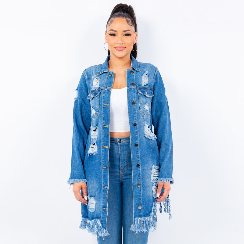 Distressed Long Denim Jacket