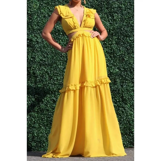 Ruffled V Neck Cutout Open Back Maxi Dress