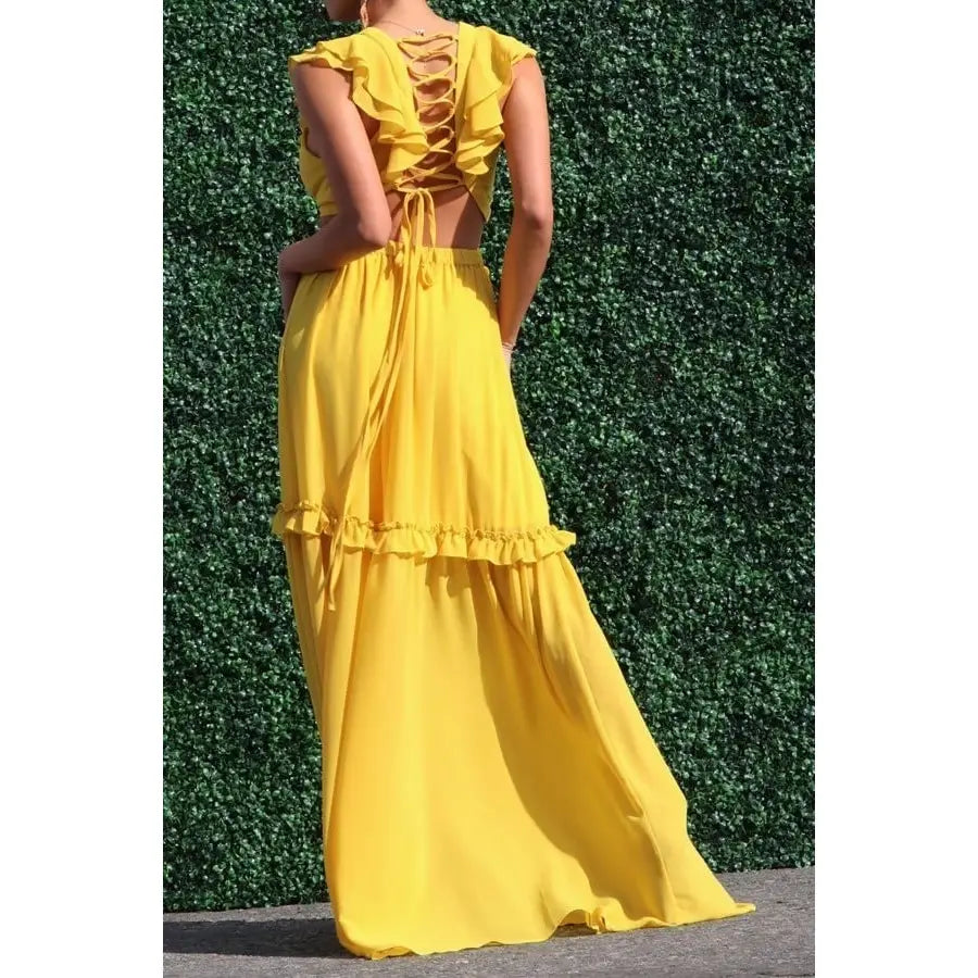 Ruffled V Neck Cutout Open Back Maxi Dress