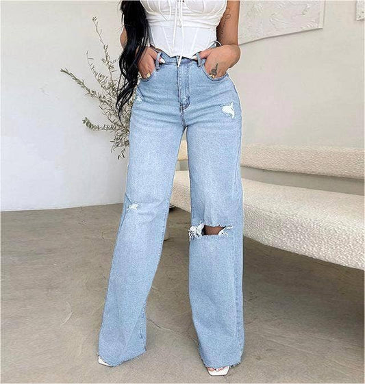 Women's jeans long ripped comfortable wide-leg pants