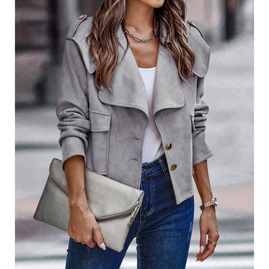 Button Notch Collar Faux Suede Long Sleeve Jacket