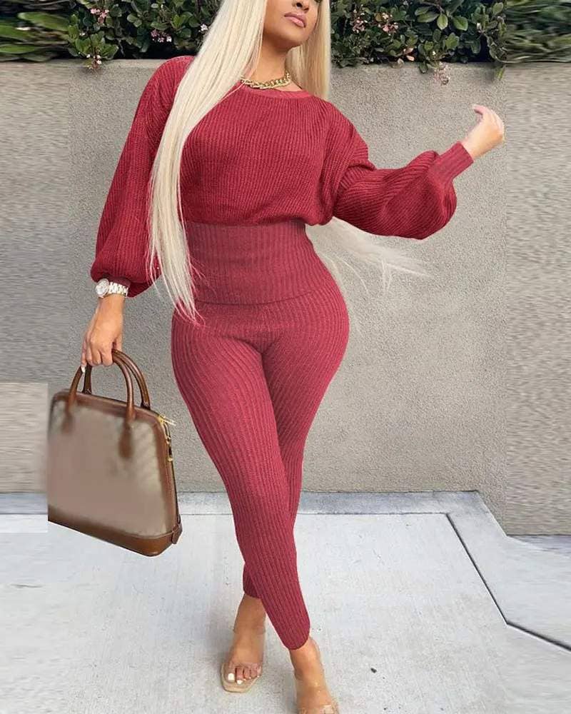 Lantern Sleeve Sweater and Pants Set