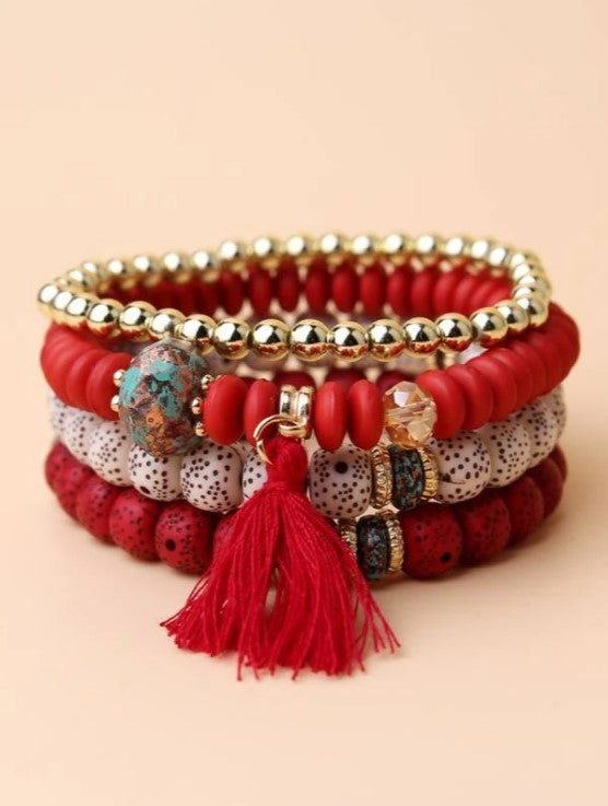 4-Piece Beaded Bracelets w/ Tassel