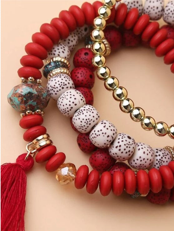 4-Piece Beaded Bracelets w/ Tassel