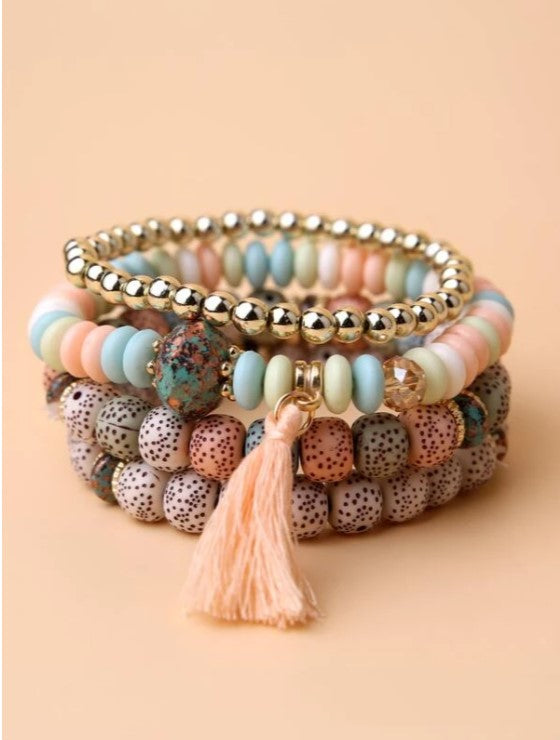 4-Piece Beaded Bracelets w/ Tassel