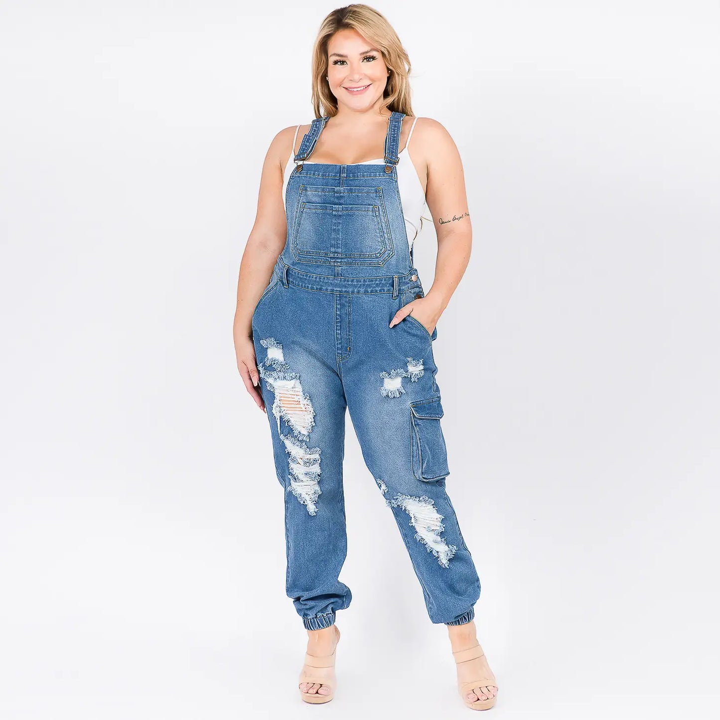 Distressed Denim Overalls Plus Size