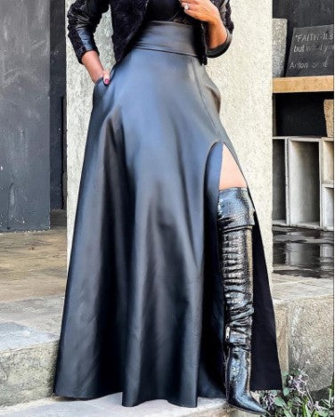 High-Slit Leather Skirt