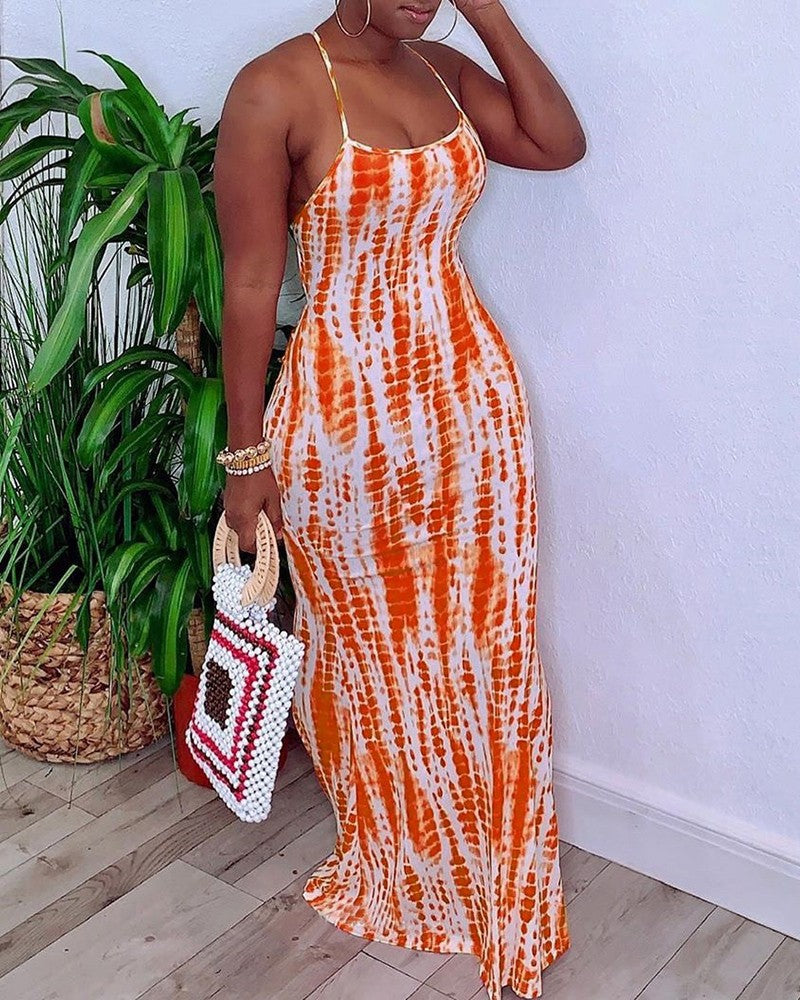 Orange Tie Dye Laced Back Maxi Dress