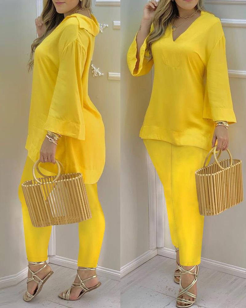 Plain Bell Sleeve V-Neck Top & Pants Set, Yellow