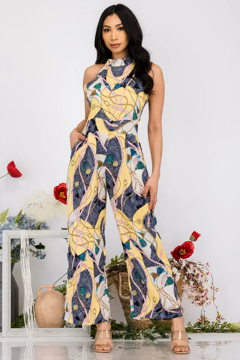 One Shoulder Jumpsuit, Yellow Pattern
