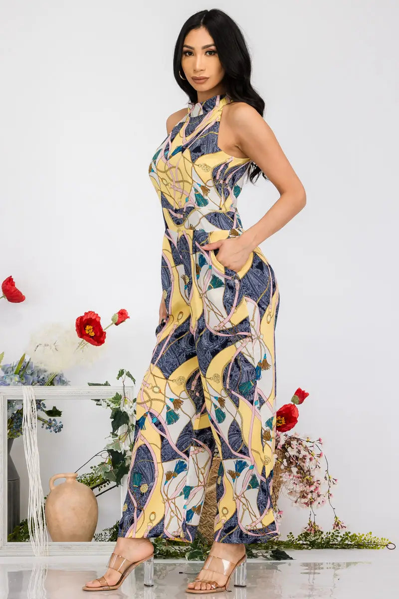 One Shoulder Jumpsuit, Yellow Pattern