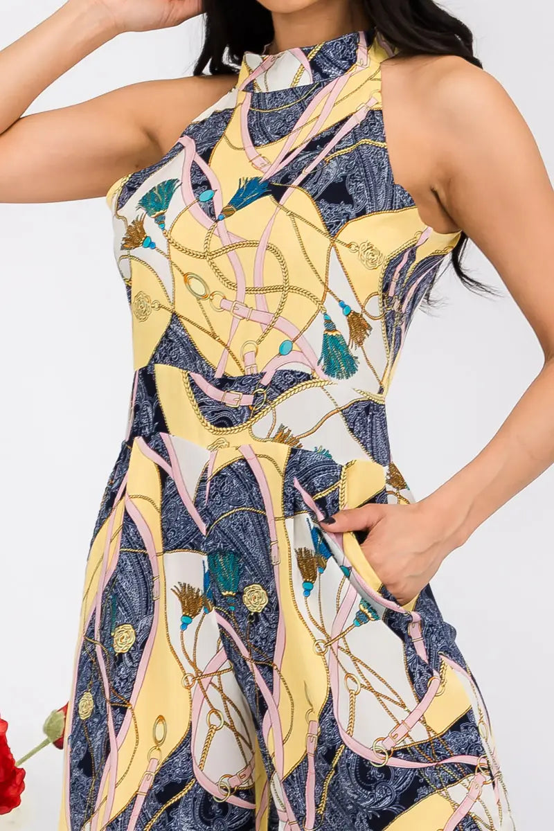 One Shoulder Jumpsuit, Yellow Pattern