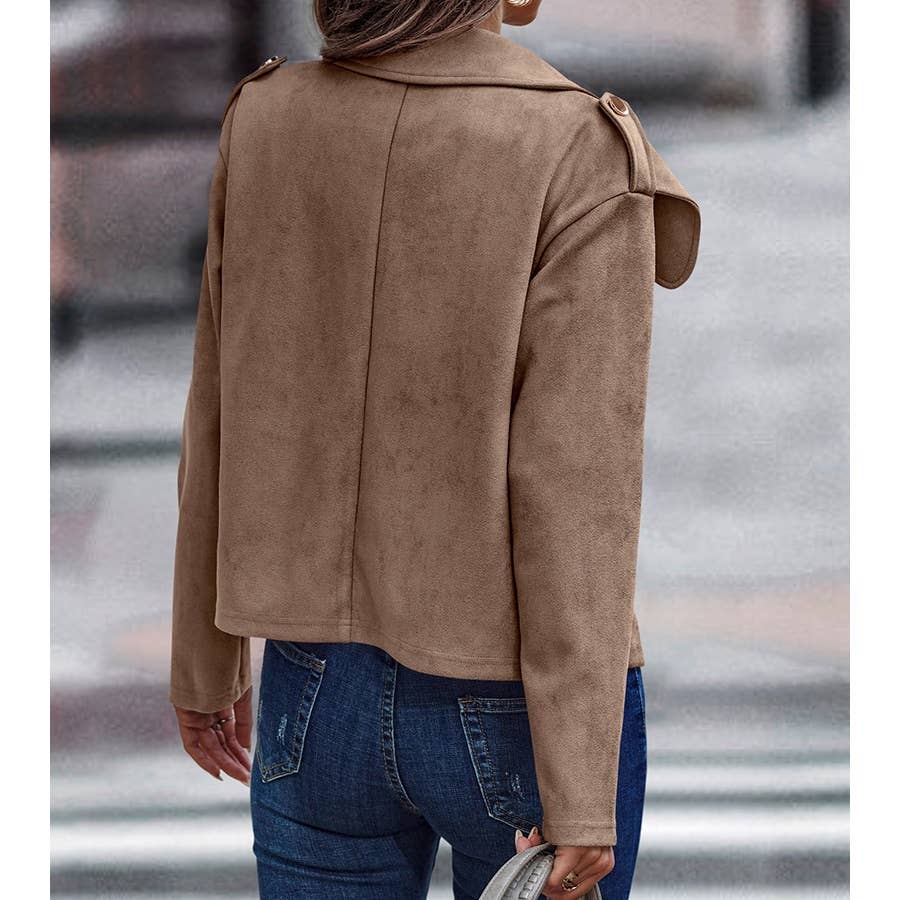 Button Notch Collar Faux Suede Long Sleeve Jacket