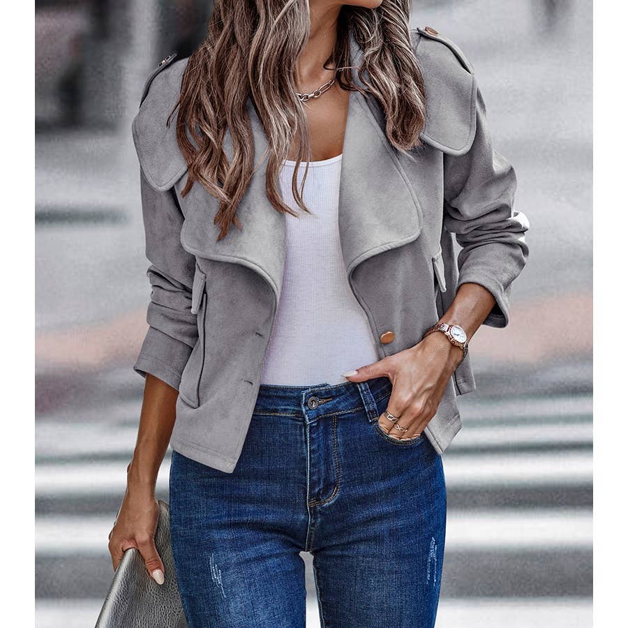 Button Notch Collar Faux Suede Long Sleeve Jacket
