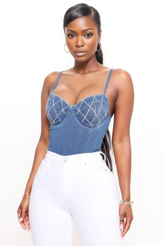 Rhinestone Detail Denim Bodysuit