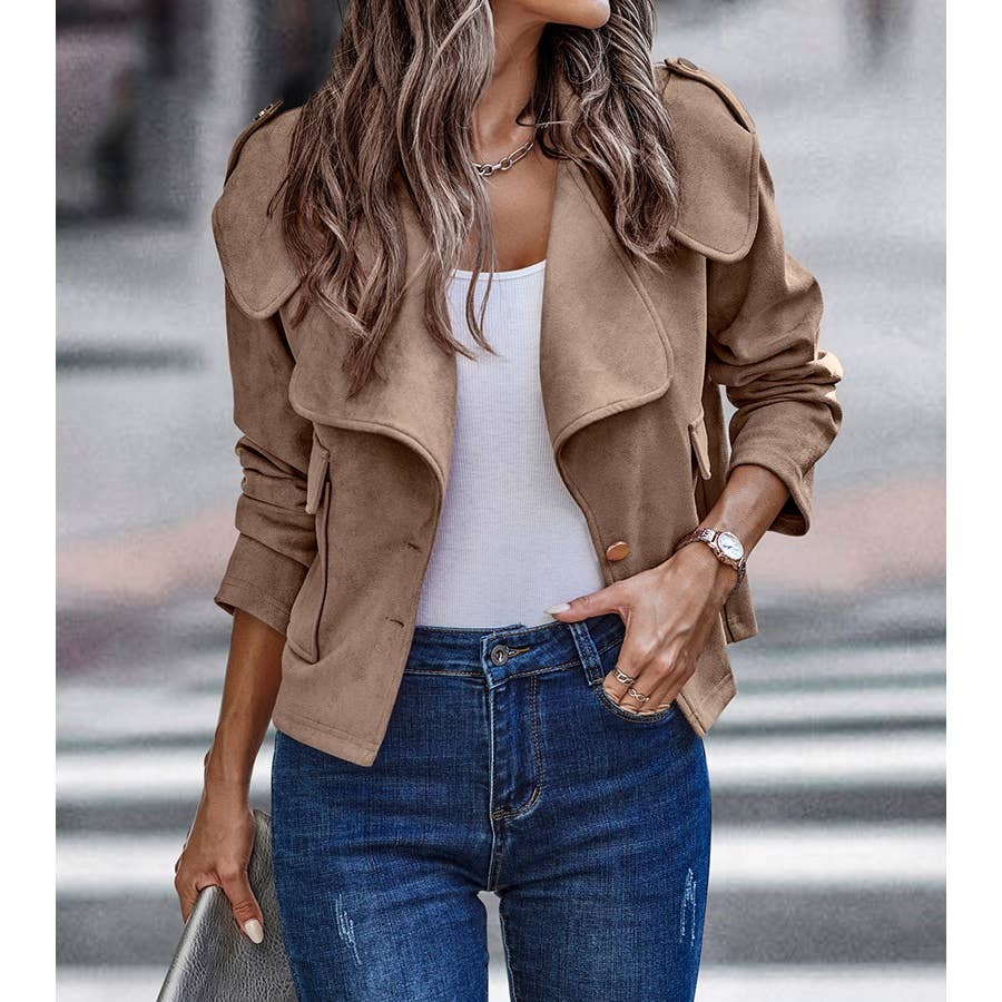 Button Notch Collar Faux Suede Long Sleeve Jacket