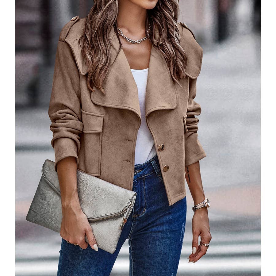 Button Notch Collar Faux Suede Long Sleeve Jacket