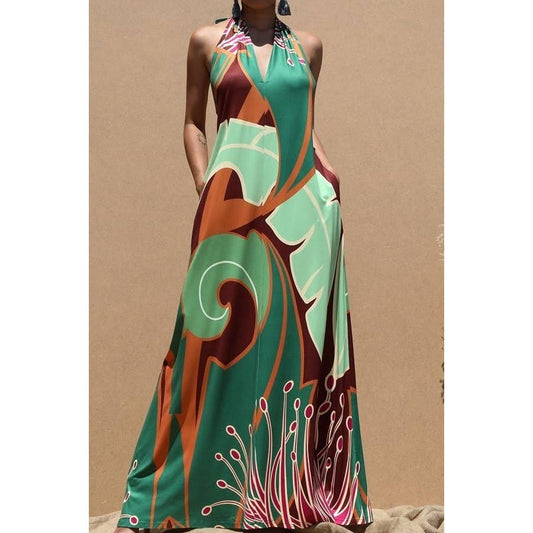 PRINTED HALTER KNIT MAXI DRESS