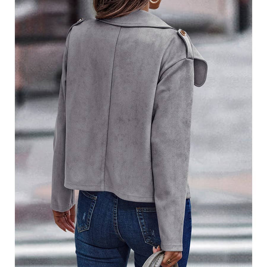 Button Notch Collar Faux Suede Long Sleeve Jacket