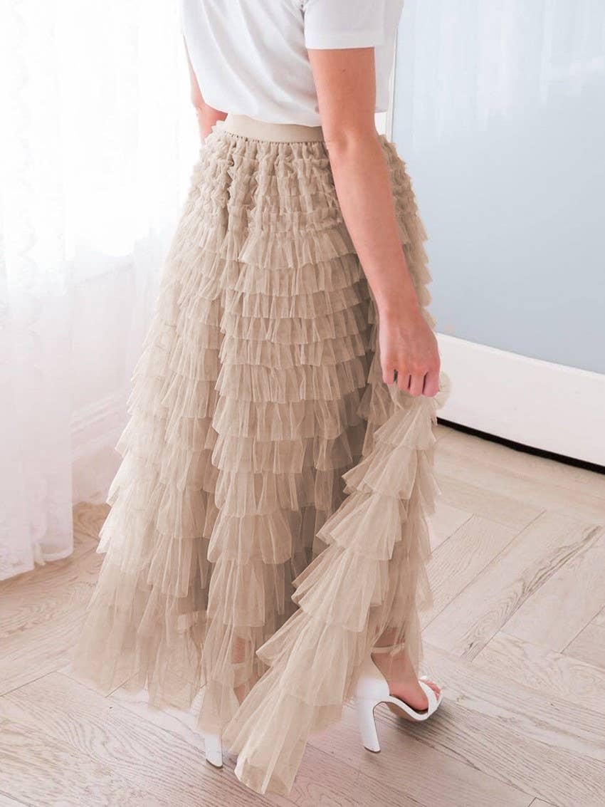 Elastic waist ruffle tulle maxi skirt