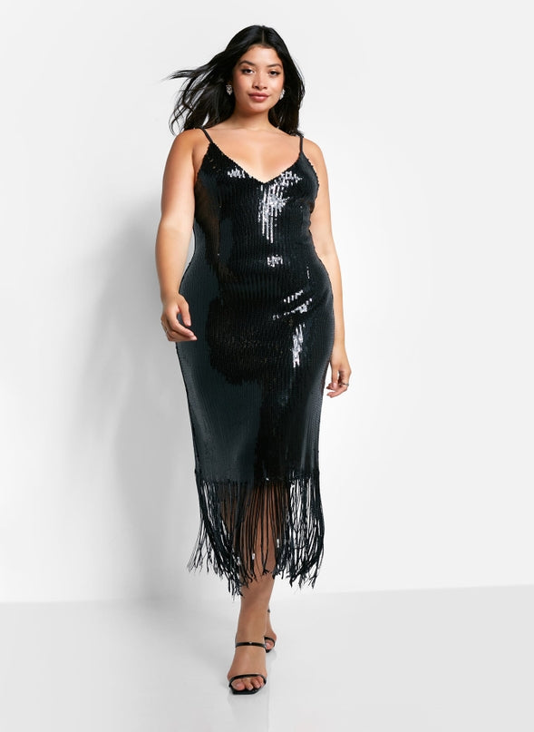 sequin fringe midi dress Gerardi Strapless Sequin Fringe Midi Dress Mew Mews