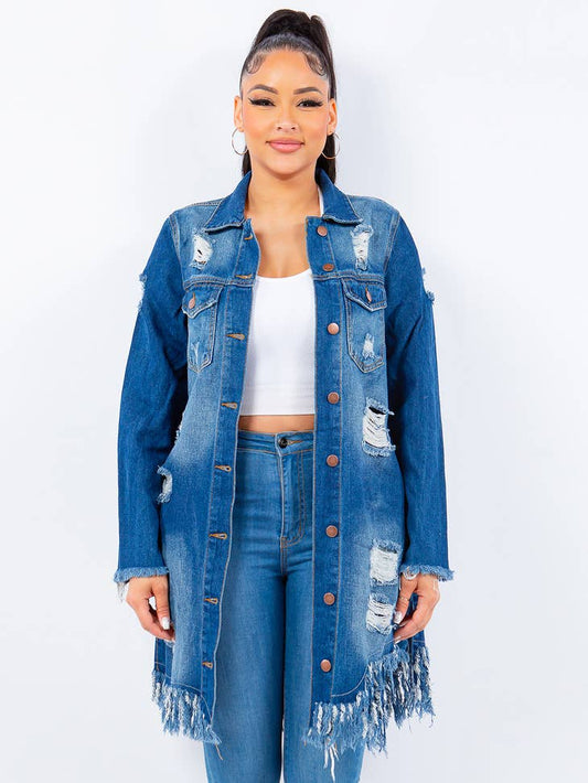 Distressed Long Denim Jacket