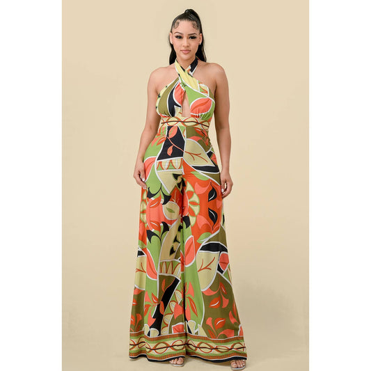 Cross-Halter Border Print Jumpsuit