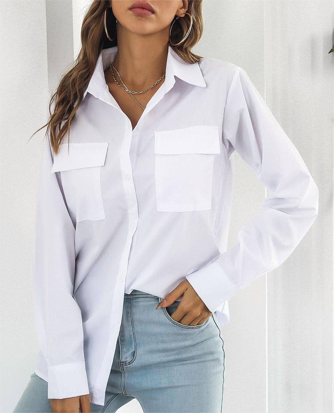 Long-sleeved midi shirt blouse top women