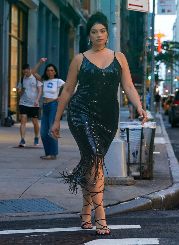 sequin fringe midi dress Blue Silver Sequin Fringe Midi Dress