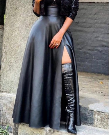 High-Slit Leather Skirt