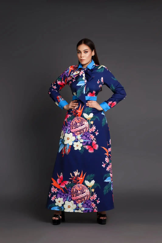 Floral Print Neck-Tie Maxi Dress